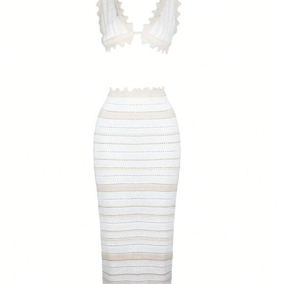 Khaki Elegant Women's Ruffled Crochet Fishtail Maxi Skirt - Picture 4 of 7